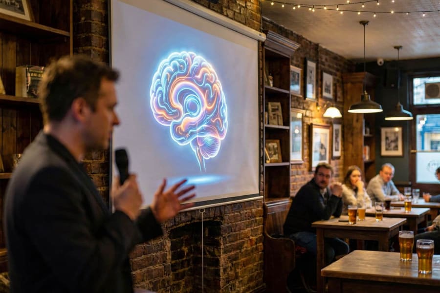Speaker mid-talk in a pub, audience at tables with pints