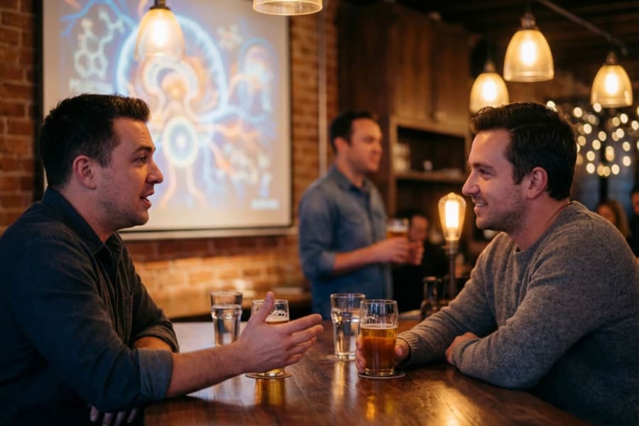 Two friends chatting over beers at the bar