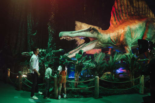 Spaziere zwischen zahlreichen lebensgroßen Dinosauriern